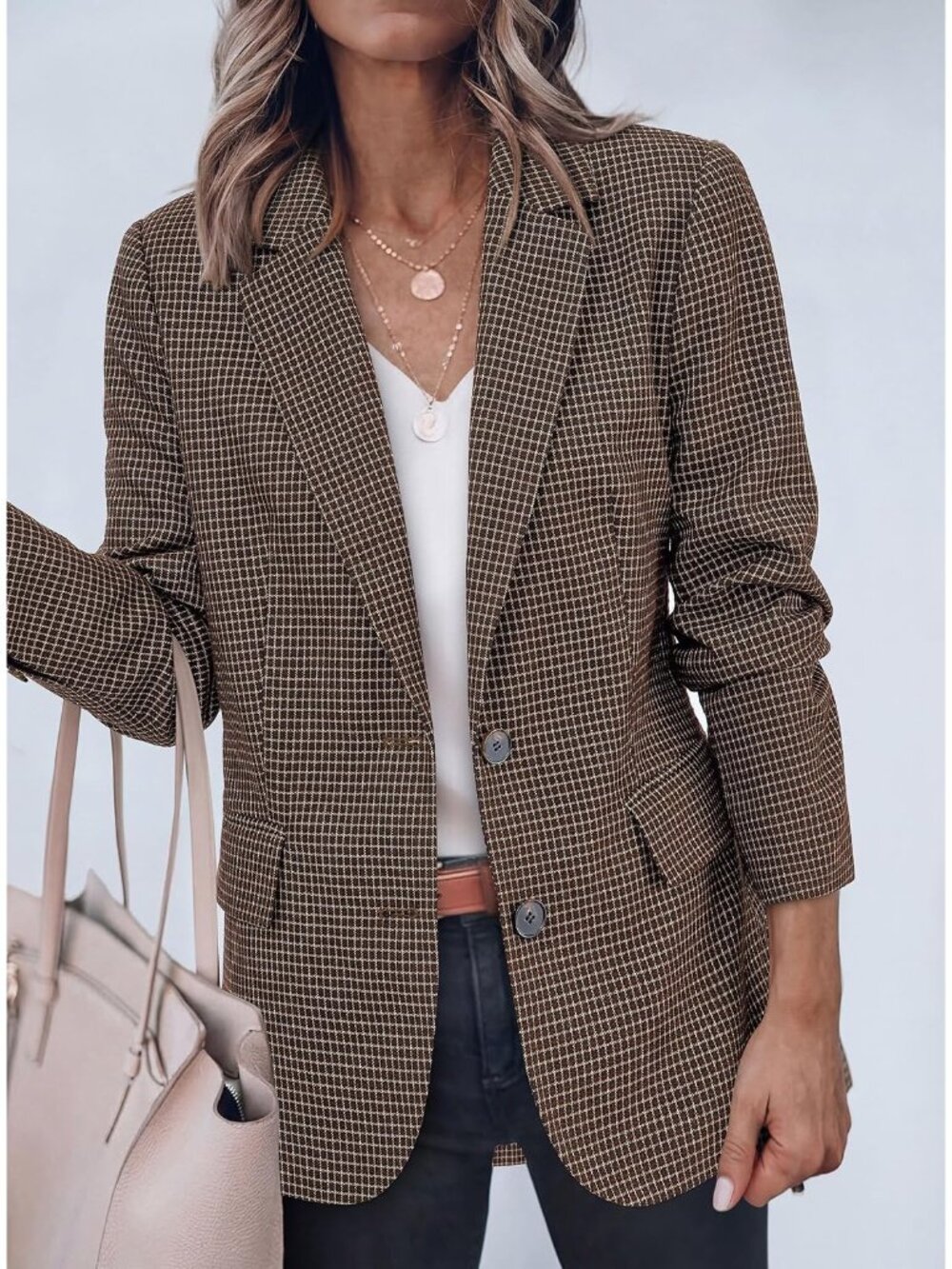 Women's Plaid Brown Long Sleeve Notch Lapel Pockets Oversized Blazer Suit Jacket - Picture 6 of 6